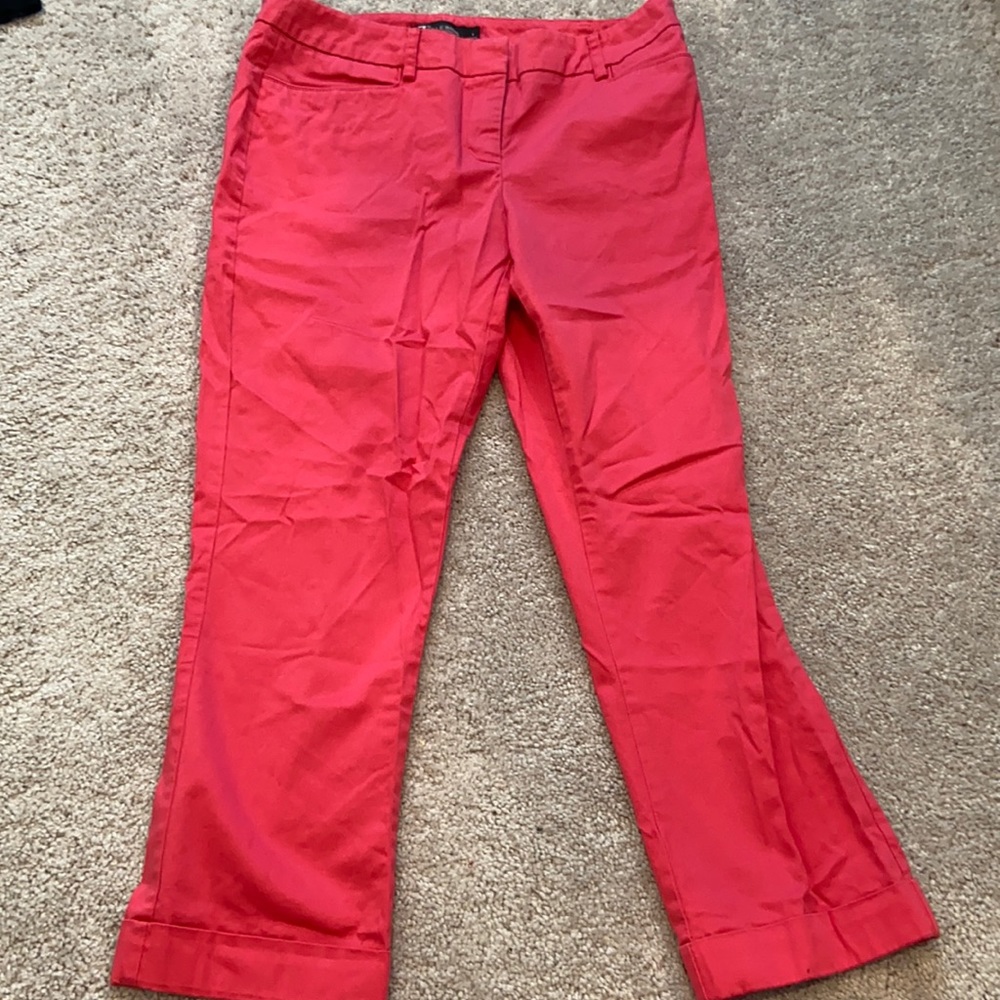 Pink ankle work pants with faux pockets on back